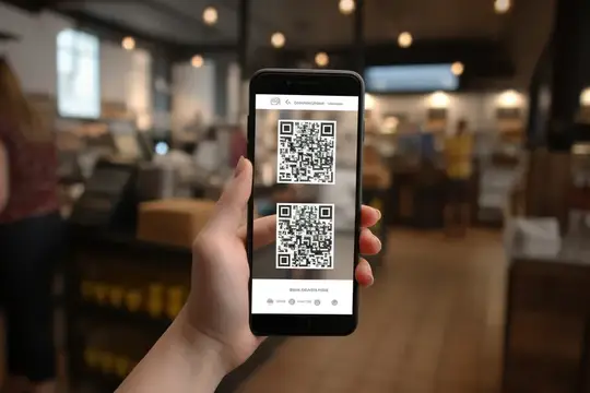 Рука держит смартфон с QR-кодами в кафе