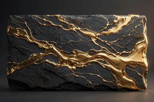 3D-рендер: золотые прожилки текут по треснувшему чёрному камню