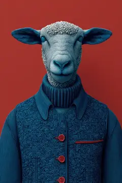 3D-рендер овцы в синем свитере и жилете на красном фоне