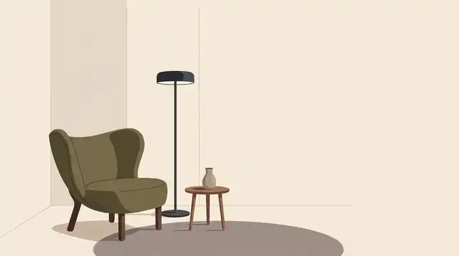 Иллюстрация с уютным креслом, торшером и столиком в бежевой комнате
