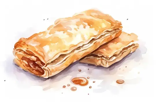 Акварельная иллюстрация румяной слоёной выпечки с начинкой