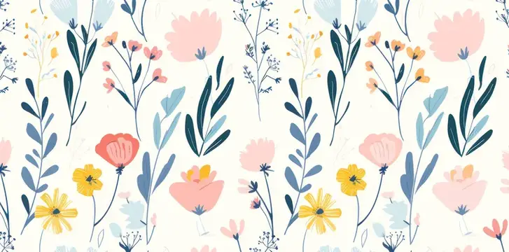 Яркая цветочная иллюстрация, демонстрирующая смесь цветов и листьев в пастельных тонах, идеально подходящая для украшения ткани, обоев или канцелярских товаров