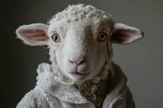 Белая овечка в вязаном свитере смотрит прямо в камеру