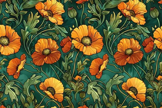Богатый цветочный принт с замысловатыми оранжевыми маками и зелеными листьями на глубоком бирюзовом фоне, идеально подходящий для различных творческих целей