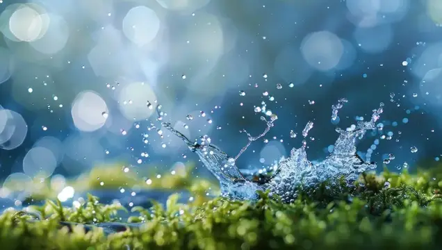 Капли воды разлетаются брызгами над зелёным мхом