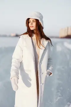Молодая женщина в белом пальто и шапке на зимнем льду