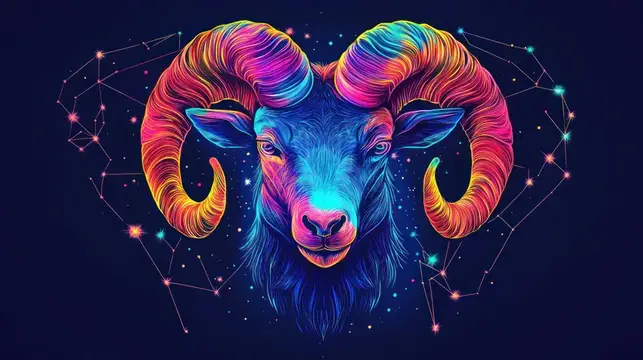 Неоновый баран с разноцветными рогами на фоне звёздного неба