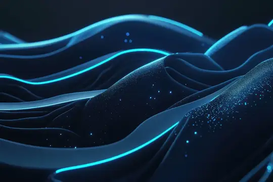 3D-рендер абстрактных синих волн с мерцающими частицами