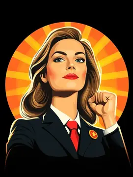 Иллюстрация женщины в деловом костюме с поднятым кулаком на фоне лучей
