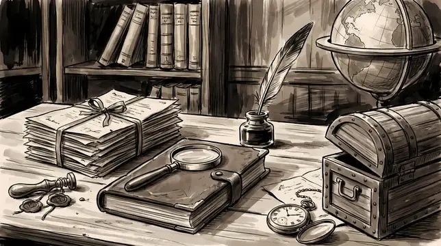 Иллюстрация старинного письменного стола с книгами, глобусом и чернильницей