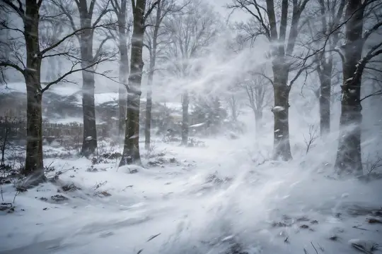 Заснеженный лес с метелью и голыми деревьями в морозный день