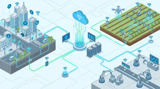 Иллюстрация умного города с дронами, фермой и роботами на производстве