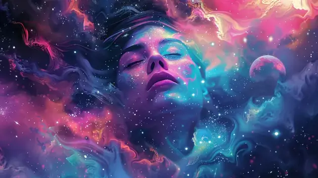 Завораживающее изображение женского лица, сливающегося с красочными космическими элементами, демонстрирующее красоту вселенной