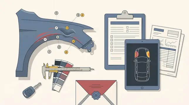 Иллюстрация схемы оценки повреждений автомобиля с планшетом и документами