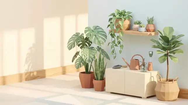 3D-рендер светлой комнаты с комнатными растениями в горшках