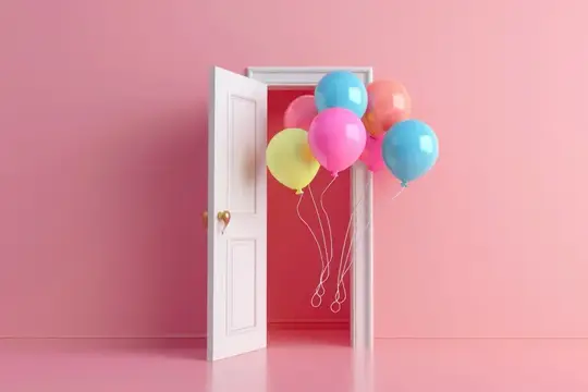 3D-рендер с разноцветными шарами в проеме белой двери на розовом фоне