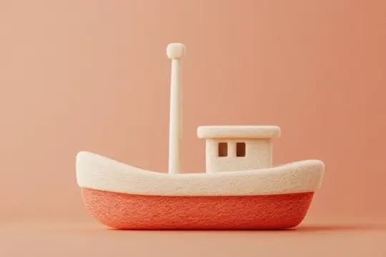 3D-рендер игрушечного кораблика с белой мачтой на персиковом фоне