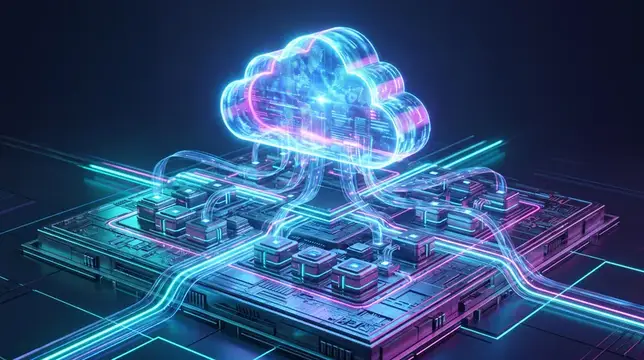 3D-рендер светящегося облака над микросхемой с неоновыми линиями