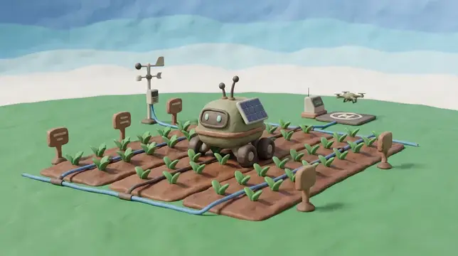 3D-рендер умного робота на грядке с рассадой