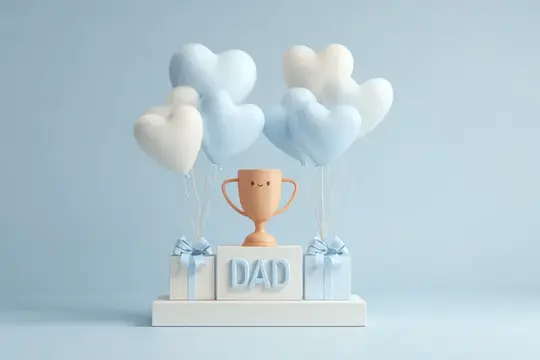 3D-рендер с золотым кубком, надписью DAD и воздушными шарами