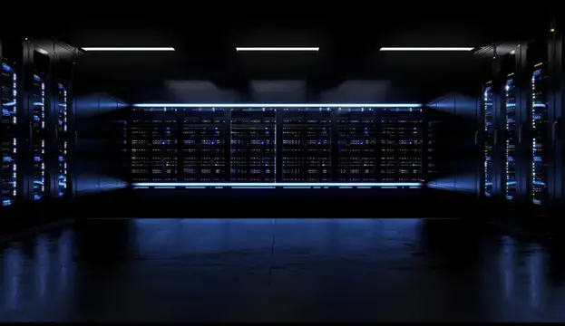 3D-рендер тёмного серверного зала с подсвеченными стойками