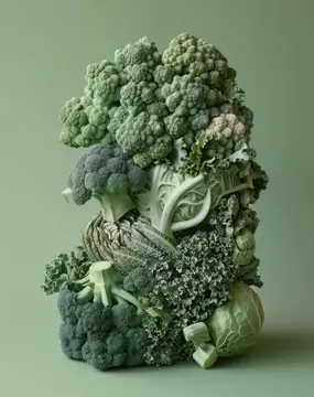 3D-рендер скульптуры из брокколи, савойской капусты и зелени