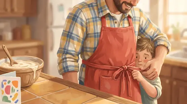 Иллюстрация: отец в фартуке обнимает сына на кухне