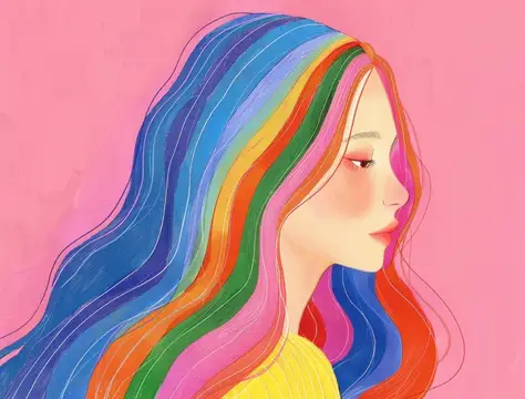 Иллюстрация девушки с разноцветными радужными волосами на розовом фоне