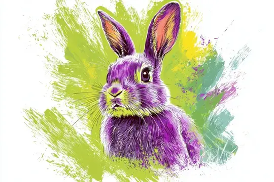 Иллюстрация фиолетового кролика на фоне зелёных мазков