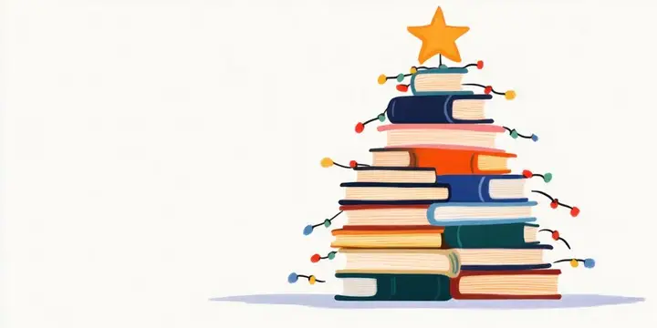 Креативное изображение рождественской елки, составленной из стопок книг, украшенной огнями и звездой, воплощающее праздничный дух и любовь к чтению в рождественский сезон