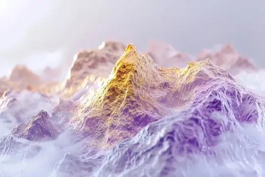 3D-рендер фантастических гор в золотисто-фиолетовых тонах