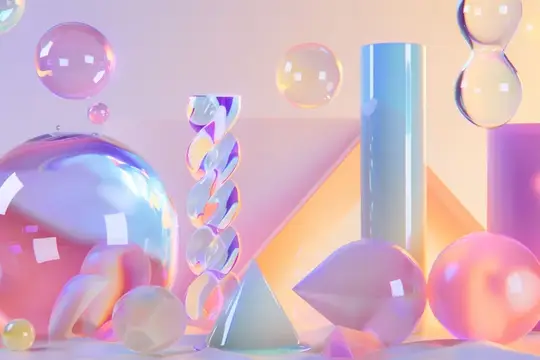 Яркий 3D-рендеринг красочных объектов на белой поверхности с синим и розовым фоном