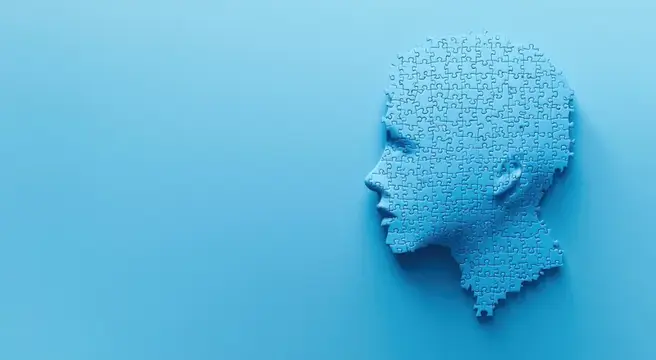 3D-рендер профиля головы из синих пазлов на голубом фоне