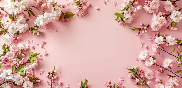 Нежные цветы сакуры и зеленые листья на пастельно-розовом фоне, идеально подходящие для весенних тем