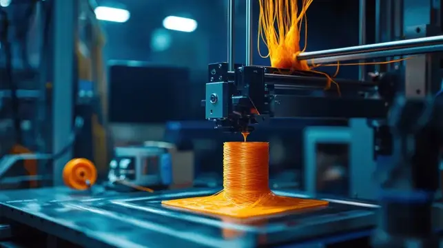 3D-принтер печатает оранжевую деталь в мастерской