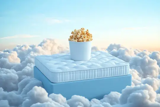 3D-рендер с матрасом и ведром попкорна в облаках