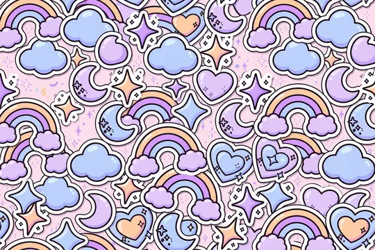 Иллюстрация с облаками, радугами и звёздами в пастельных тонах