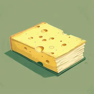 Эта причудливая иллюстрация представляет книгу, выполненную в виде куска сыра, демонстрирующую его дырочки и текстуру на успокаивающем зеленом фоне