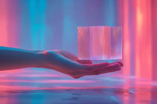 3D-рендер руки с прозрачным кубом в неоновом свете