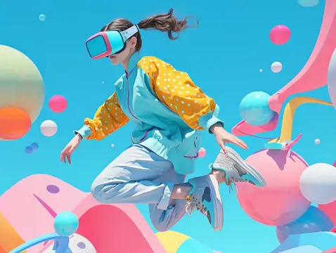 3D-рендер девушки в VR-очках, прыгающей среди ярких шаров