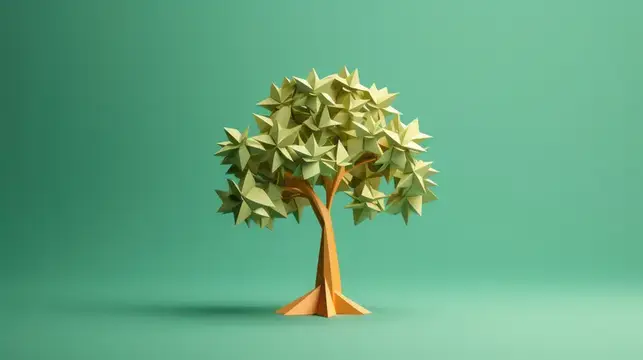 3D-рендер бумажного дерева с звёздчатыми листьями на зелёном фоне