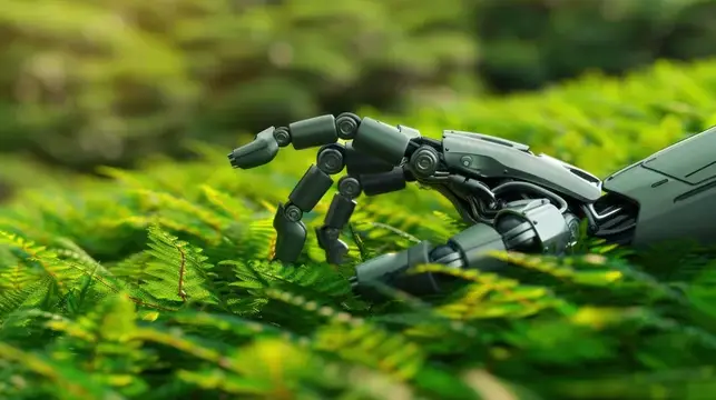 3D-рендер металлической роборуки, лежащей на зелёных листьях папоротника