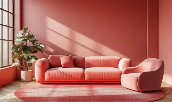 3D-рендер гостиной в розовых тонах с диваном и креслом
