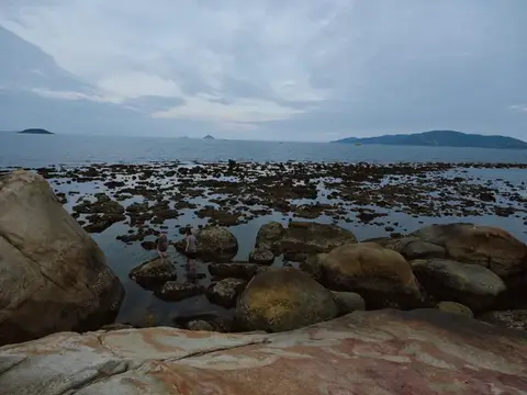 Двое людей бродят по каменистому берегу моря в сумерках