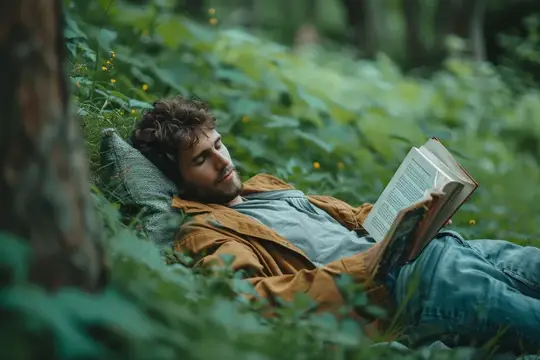 Кудрявый парень лежит с книгой в лесу на подушке