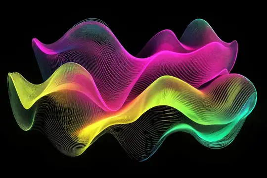 Абстрактные неоновые волны из тонких линий на чёрном фоне