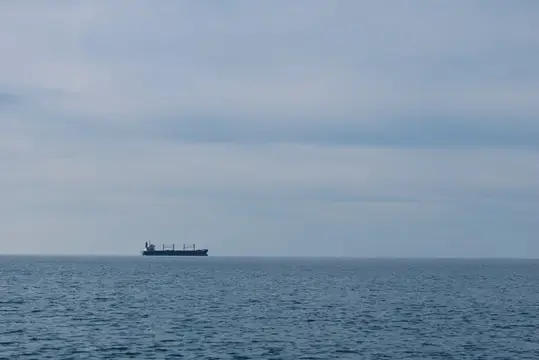 Грузовое судно на горизонте в пасмурный день