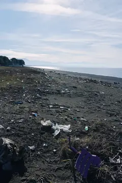 Загрязнённый пластиковым мусором пустынный берег моря