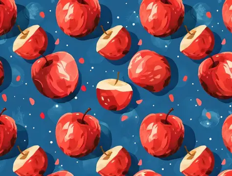 Иллюстрация с красными яблоками и половинками на синем фоне