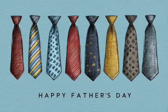 Иллюстрация с восемью нарисованными галстуками и надписью Happy Father's Day